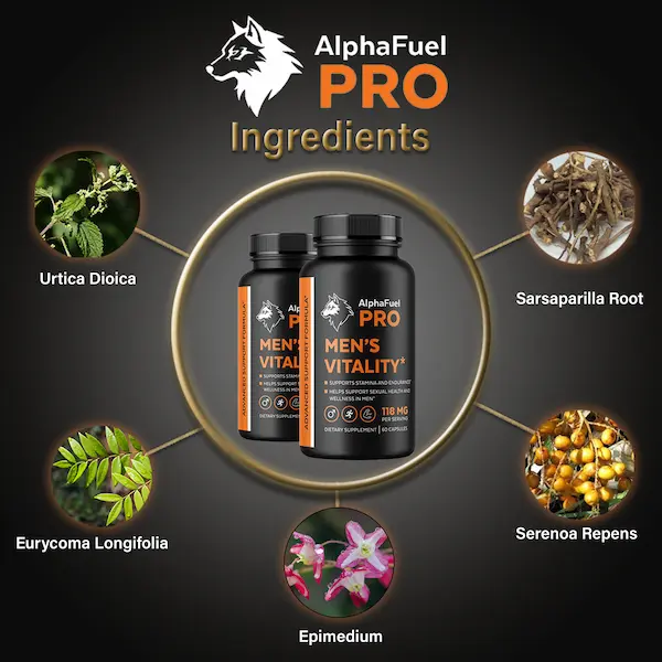 Inhaltsstoffe von AlphaFuel Pro: Brennnessel, Tongkat Ali, Epimedium, Sägepalme und Sarsaparillawurzel