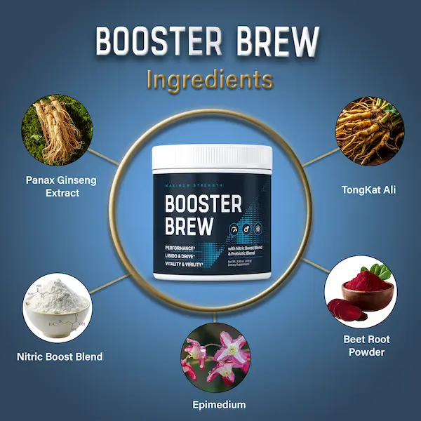 Inhaltsstoffe von Booster Brew: Panax Ginseng, Tongkat Ali, Nitric Boost Blend, Epimedium und Rote-Bete-Pulver