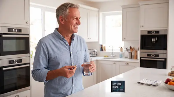 Lächelnder Mann in seiner Küche mit einem Glas Wasser und einer Dose Booster Brew