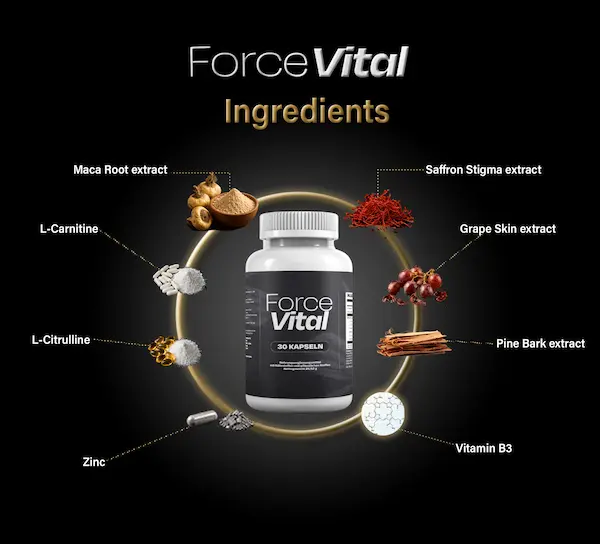 Inhaltsstoffe von ForceVital: Maca, L-Carnitin, L-Citrullin, Zink, Safran, Traubenschale, Pinienrinde und Vitamin B3