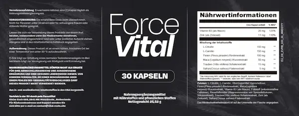 Etikett des Nahrungsergänzungsmittels ForceVital