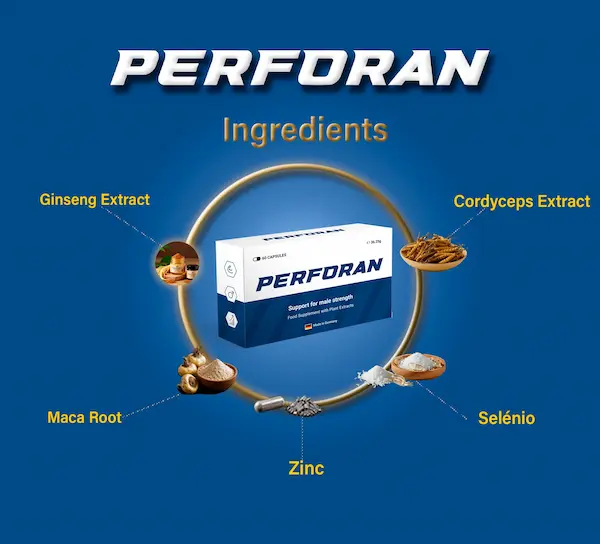 Inhaltsstoffe von Perforan: Ginsengextrakt, Cordyceps-Extrakt, Macawurzel, Zink und Selen