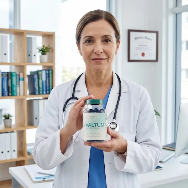 Ärztin hält eine Dose Valtum in der Hand