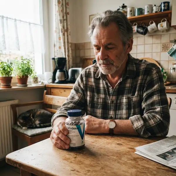 Ein 65-jähriger deutscher Mann sitzt in seiner gemütlichen Küche und hält eine Flasche Virdexis Nahrungsergänzungsmittel in der Hand. Er blickt nachdenklich auf das Produkt, während im Hintergrund eine Katze auf einem Stuhl schläft und eine Zeitung auf dem Tisch liegt. Natürliches Licht fällt durch das Fenster.